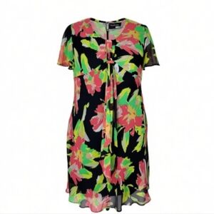 Le Bos Chiffon Dress 16WP Floral Necktie Ruffled Hem Flutter Sleeves Pullover